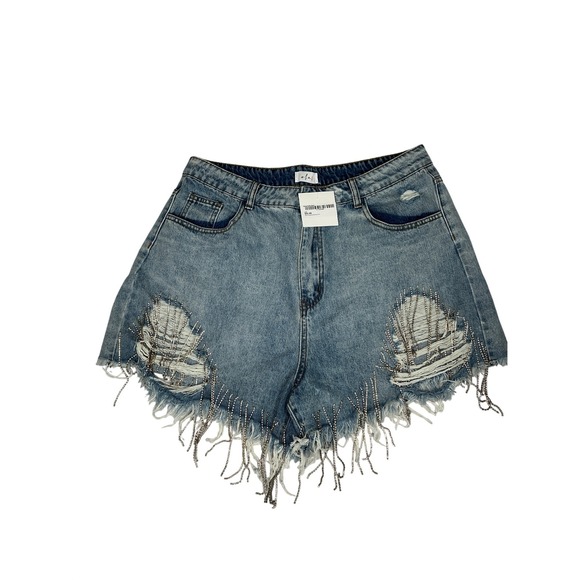 Hen & Hay Fashion Pants - Hen‎ & Hay Diamond Glitz Distressed Rhinestone Fringe Denim Shorts Light Wash XL